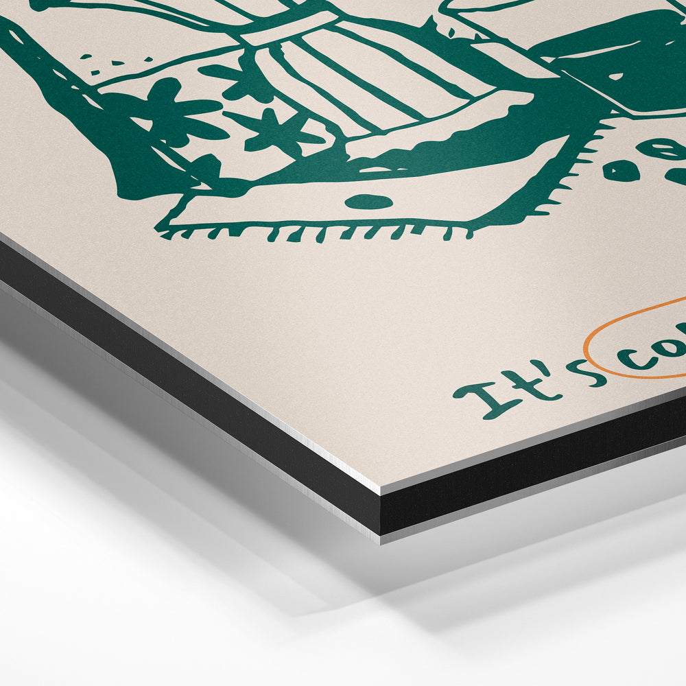 Gros plan de la matière : le tirage contrecollé sur aluminium Dibond mat, tranche visible.