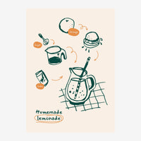 Illustration en ligne montrant les étapes de préparation d'une limonade maison : citron, sucre, soda et orange disposés.