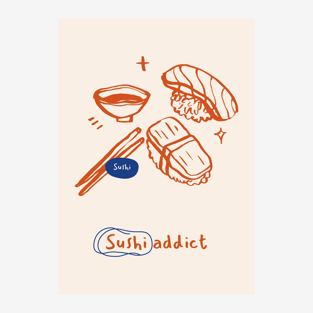 Affiche avec illustrations à l'encre ocre d'un bol, de baguettes, et de deux nigiri sushi, accompagnées du texte « Sushi ».