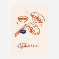 Affiche avec illustrations à l'encre ocre d'un bol, de baguettes, et de deux nigiri sushi, accompagnées du texte « Sushi ».