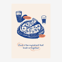 Affiche avec illustration au trait bleu d'une pizza en part, deux verres de lemonade, et la citation « Food is the.
