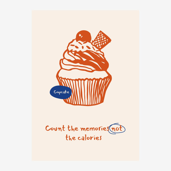 Illustration d'un cupcake au trait orange avec glaçage, garni d'une boule et d'une gaufrette, et texte manuscrit « Count the.
