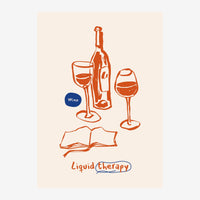 Dessin au trait montrant une bouteille de vin entourée de deux verres remplis et d'un livre ouvert, avec le texte « Liquid.