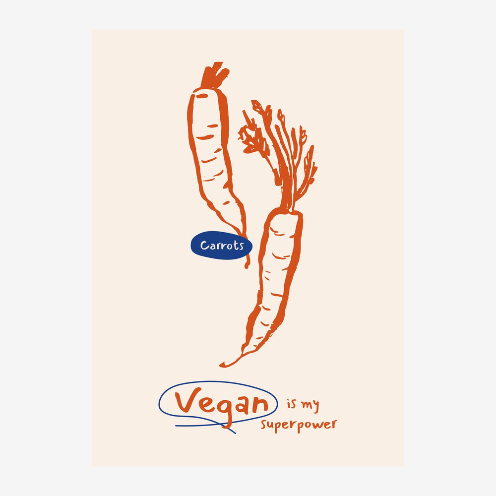 Illustration de deux carottes au trait orange avec feuilles, sur fond beige clair, accompagnées du texte « Carrots » et «.