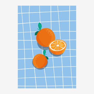 Oranges et carrelage bleu ciel, style géométrique