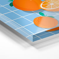 Gros plan de la matière : le tirage sous verre acrylique, tranche transparente visible.