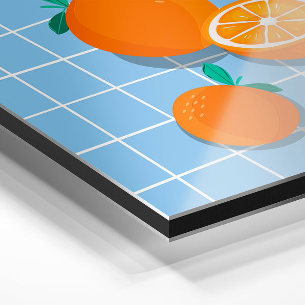 Oranges et carrelage bleu ciel, style géométrique — Aluminium Dibond relief 3D