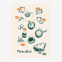 Affiche illustrant une recette de pancakes au style line art : assiette centrale de pancakes entourée d'ingrédients.