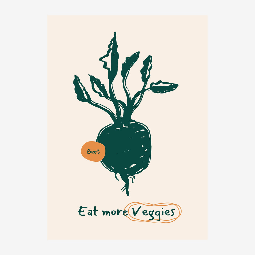 Affiche avec une betterave aux feuilles vert foncé sur fond beige, le mot « Beet » en orange et « Eat more Veggies » en.