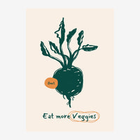 Affiche avec une betterave aux feuilles vert foncé sur fond beige, le mot « Beet » en orange et « Eat more Veggies » en.