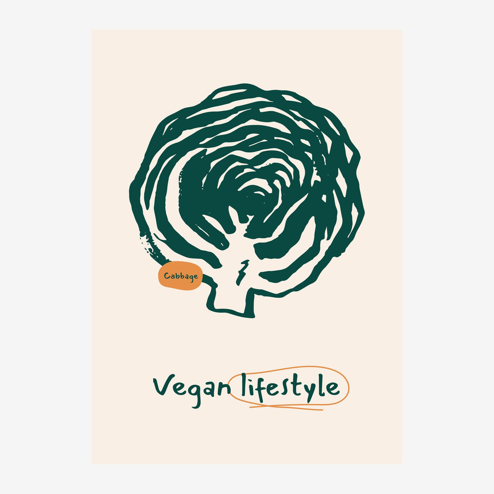 Illustration d'un chou aux feuilles en ligne épaisses vert foncé, avec une petite étiquette orange « Cabbage », sur fond.