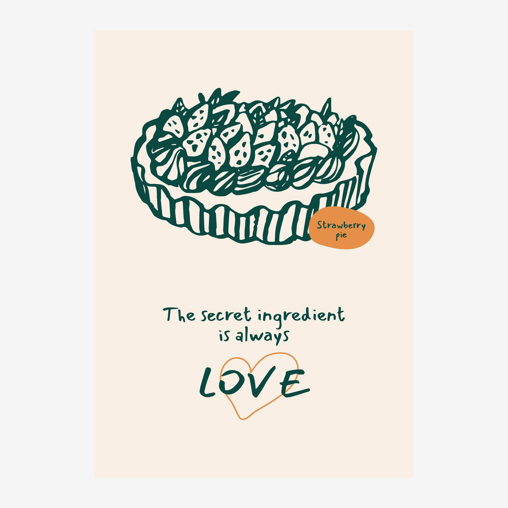 Illustration d'une tarte aux fraises en vert foncé sur fond beige clair, accompagnée du texte « The secret ingredient is.