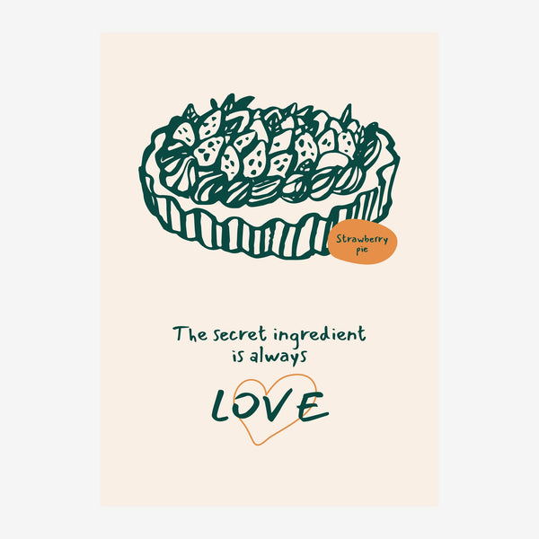 Illustration d'une tarte aux fraises en vert foncé sur fond beige clair, accompagnée du texte « The secret ingredient is.