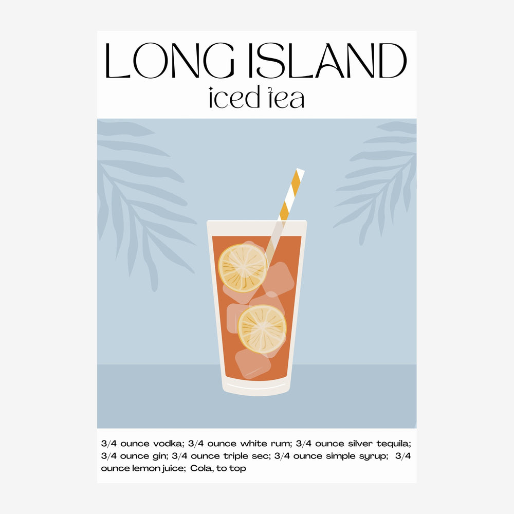 Affiche d'un verre de Long Island Iced Tea rempli de glaçons et de tranches de citron, avec une paille dorée, sur fond bleu.