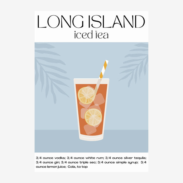 Affiche d'un verre de Long Island Iced Tea rempli de glaçons et de tranches de citron, avec une paille dorée, sur fond bleu.