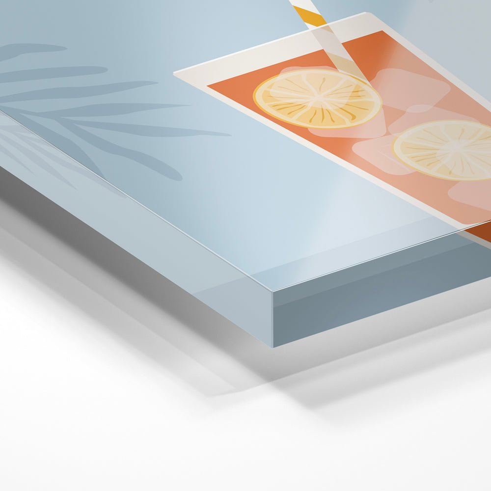 Gros plan de la matière : le tirage sous verre acrylique, tranche transparente visible.