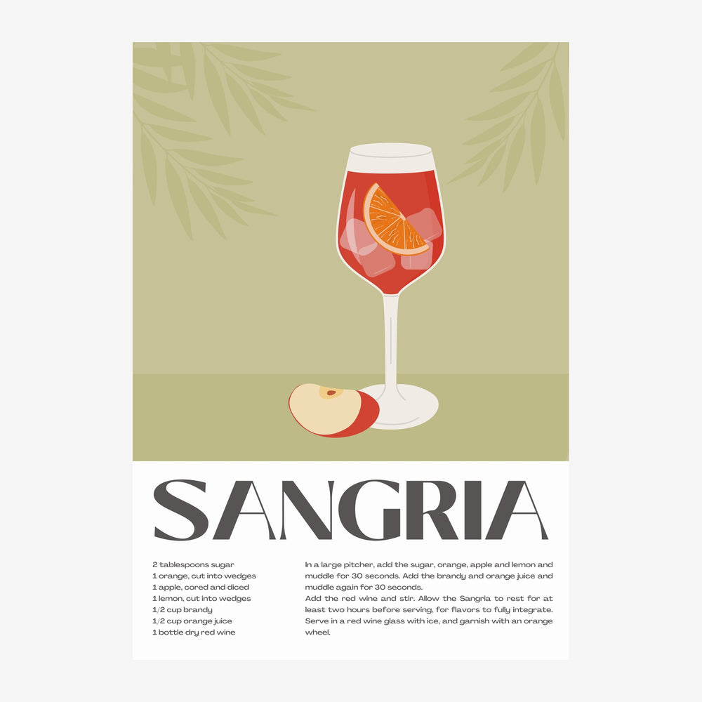 Affiche représentant un verre de sangria rouge garni d'une tranche d'orange, accompagné d'une demi-pomme, sur fond moutarde.