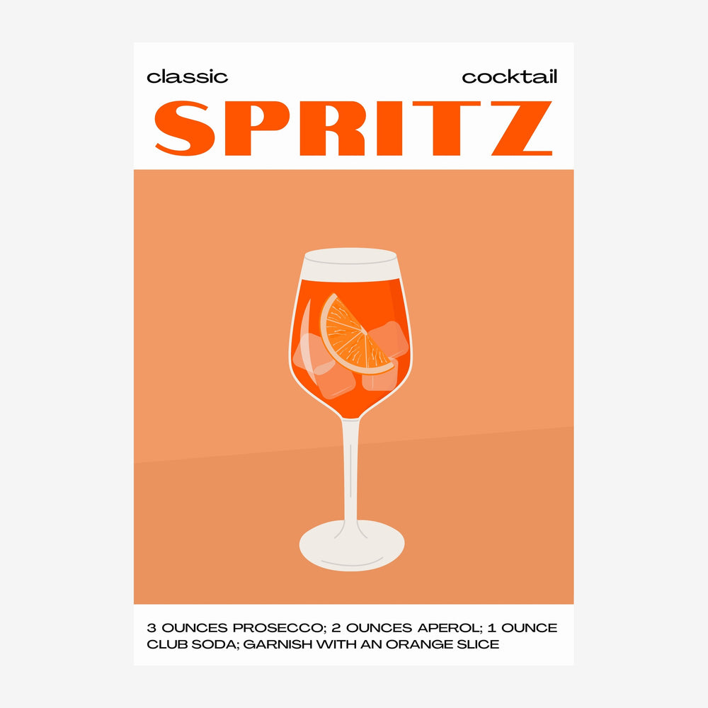 Affiche vintage présentant un verre de Spritz rempli de liquide orange avec une tranche d'orange, sur fond terracotta.