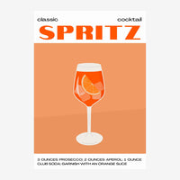 Affiche vintage présentant un verre de Spritz rempli de liquide orange avec une tranche d'orange, sur fond terracotta.