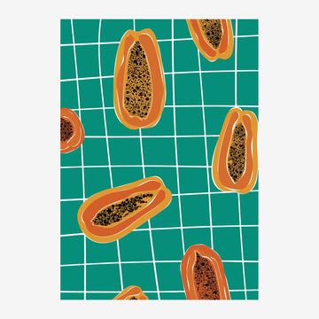 Papayes et grille géométrique, style pop art tropical
