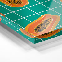 Gros plan de la matière : le tirage sous verre acrylique, tranche transparente visible.