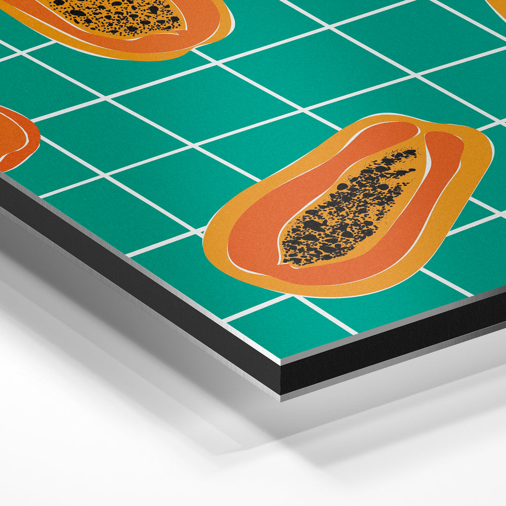 Gros plan de la matière : le tirage contrecollé sur aluminium Dibond mat, tranche visible.