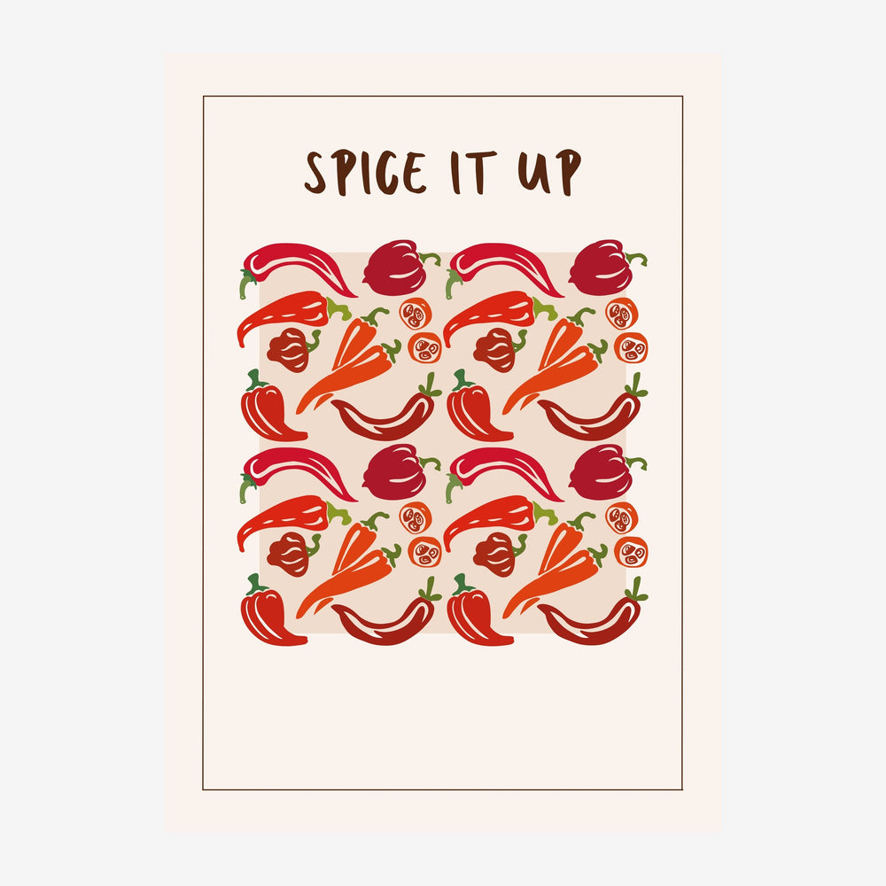 Affiche avec le texte « Spice It Up » et un motif répété de piments rouges, carottes, tomates tranchées et poivrons sur fond.