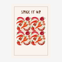 Affiche avec le texte « Spice It Up » et un motif répété de piments rouges, carottes, tomates tranchées et poivrons sur fond.