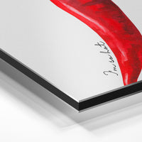 Gros plan de la matière : le tirage contrecollé sur aluminium Dibond mat, tranche visible.