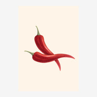 Deux piments rouges recourbés avec tiges vertes sur un fond beige clair.