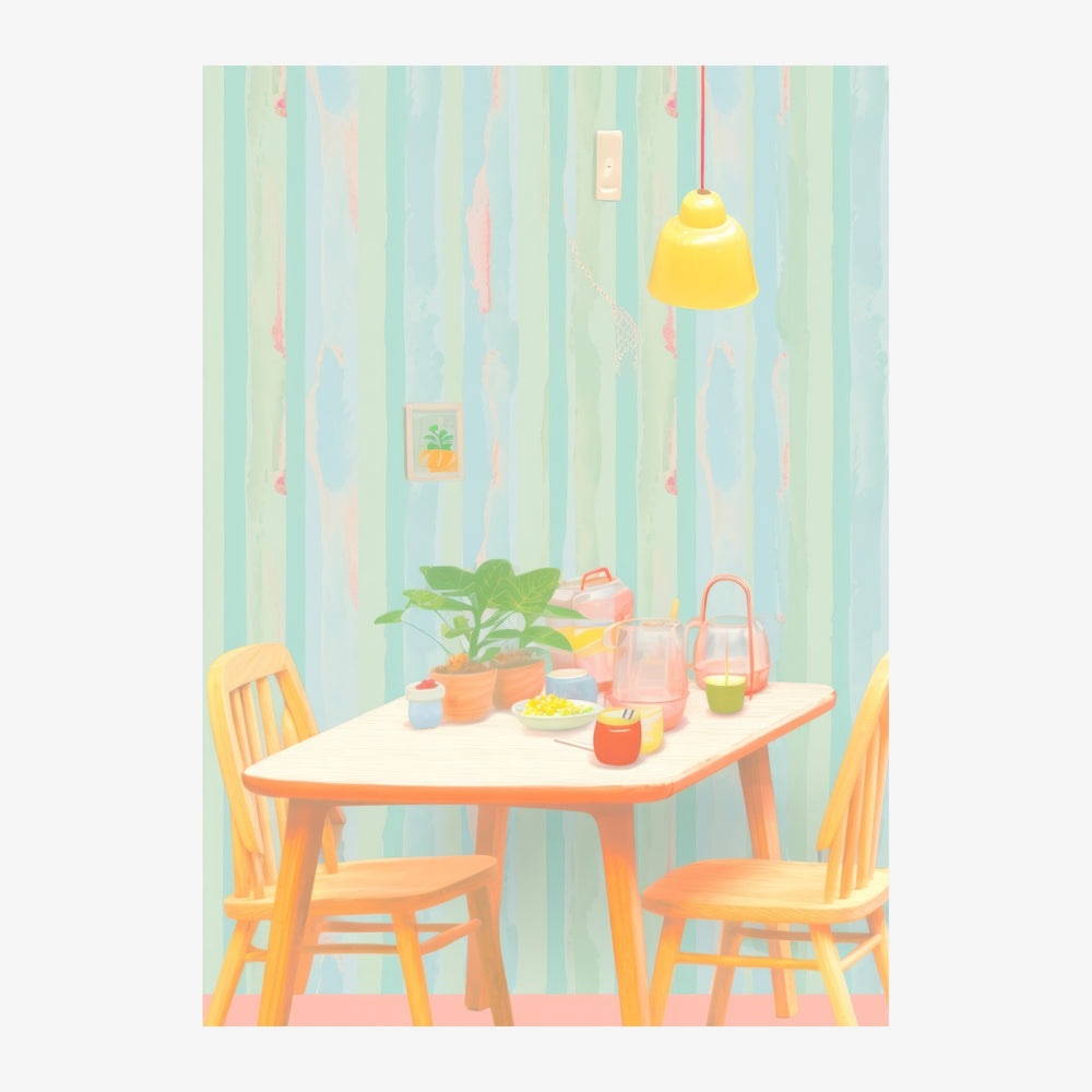 Illustration colorée d'une petite cuisine avec table blanche, deux chaises jaunes, pots de plantes, et suspension jaune.