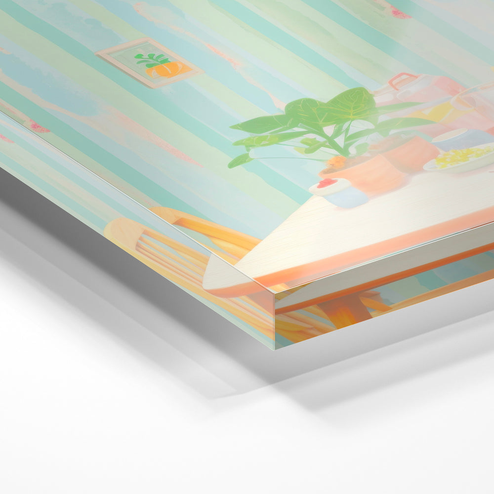 Gros plan de la matière : le tirage sous verre acrylique, tranche transparente visible.