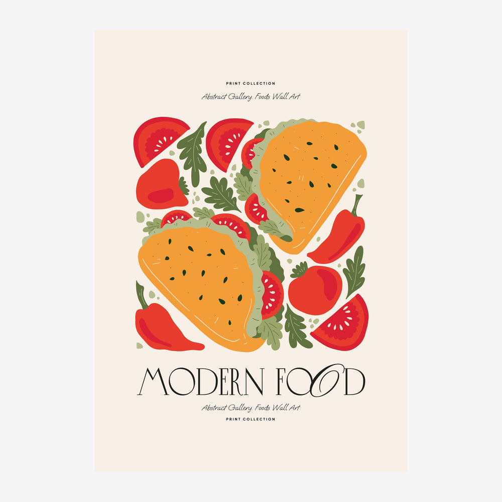 Affiche avec deux pains de ciabatta orange, des tomates rouges tranchées et des feuilles vertes stylisées sur fond beige.