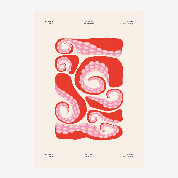 Affiche abstraite avec des formes ondulantes rouges et roses parsemées de points, sur fond beige clair.