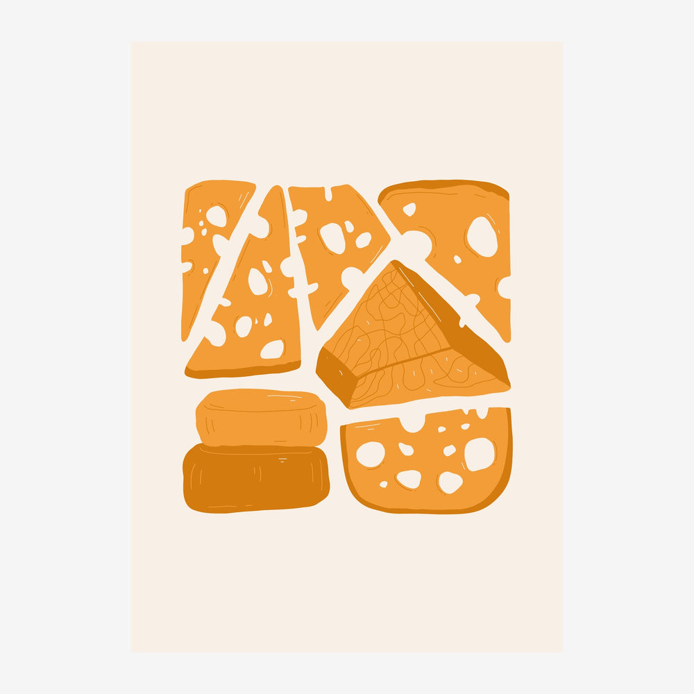 Illustration stylisée de fromages et pain en formes géométriques ocre et orange, sur fond beige clair.