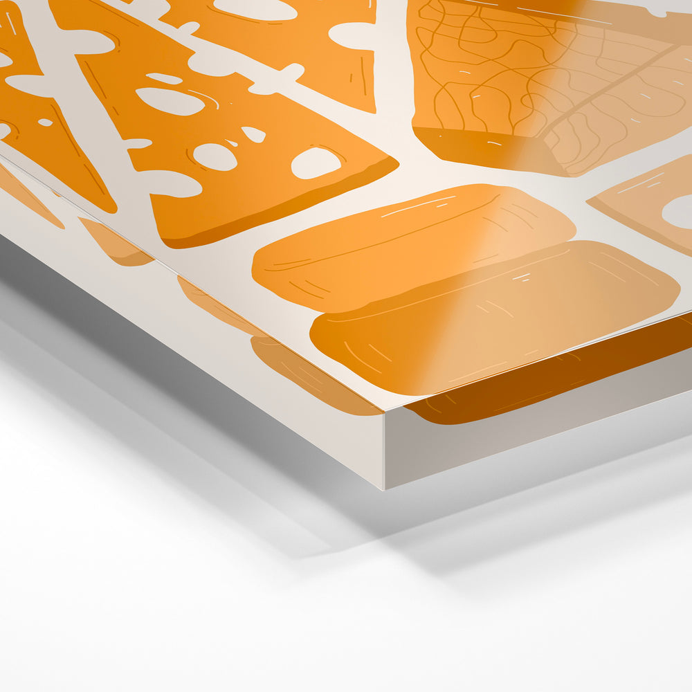 Gros plan de la matière : le tirage sous verre acrylique, tranche transparente visible.