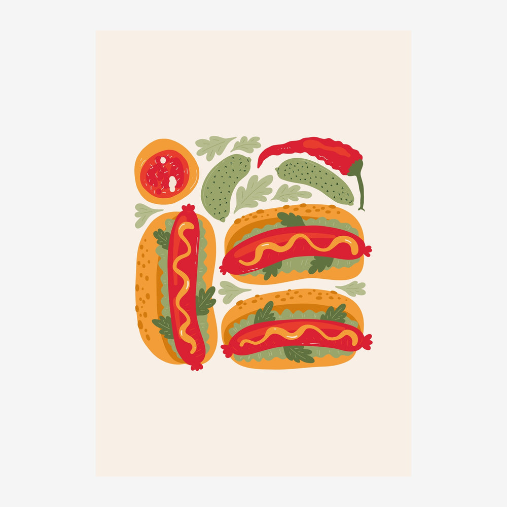 Illustration stylisée représentant trois hot dogs garnis de moutarde et trois tomates fraîches sur un fond beige clair.