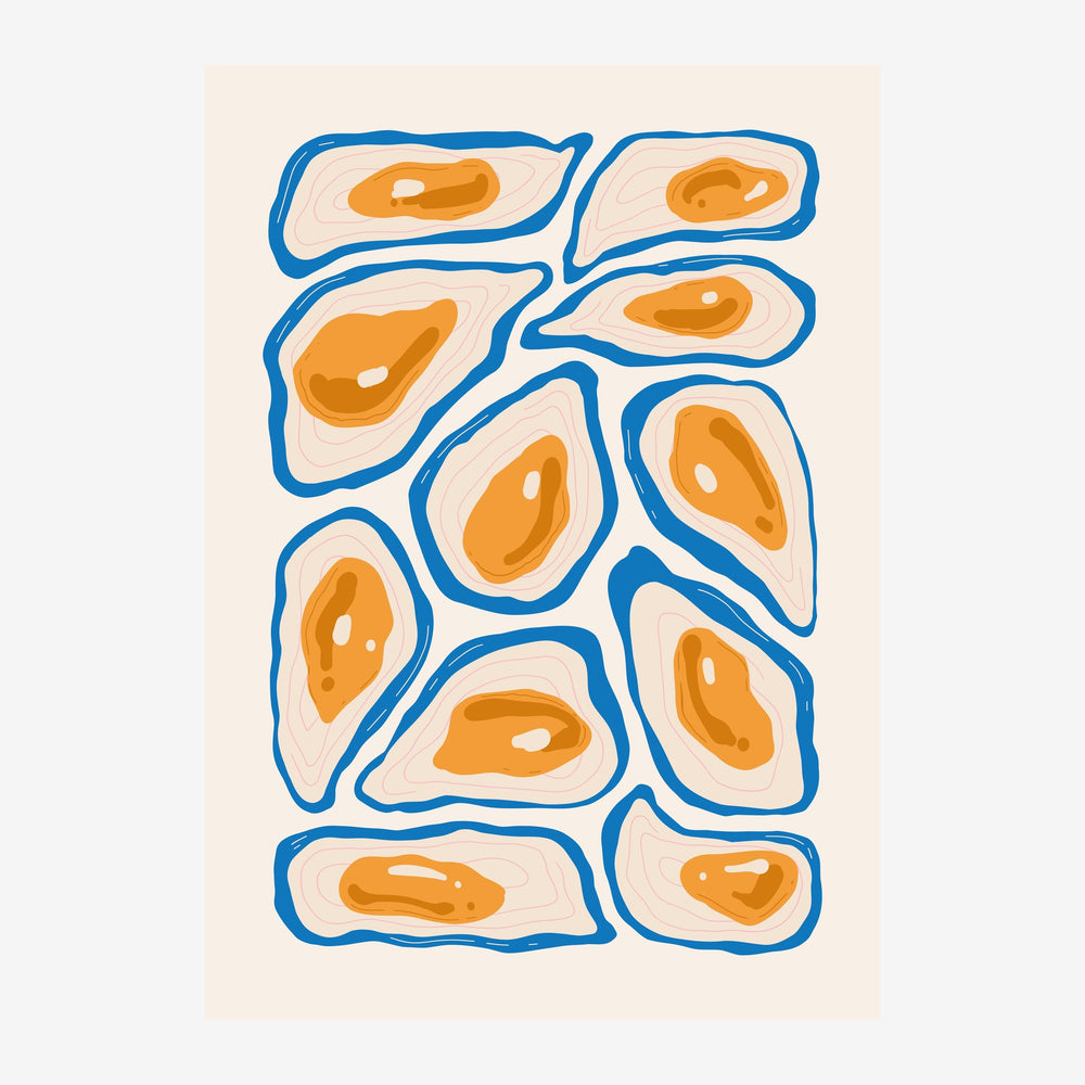 Composition géométrique abstraite avec des formes organiques délimitées par des contours bleus épais, remplies de teintes.