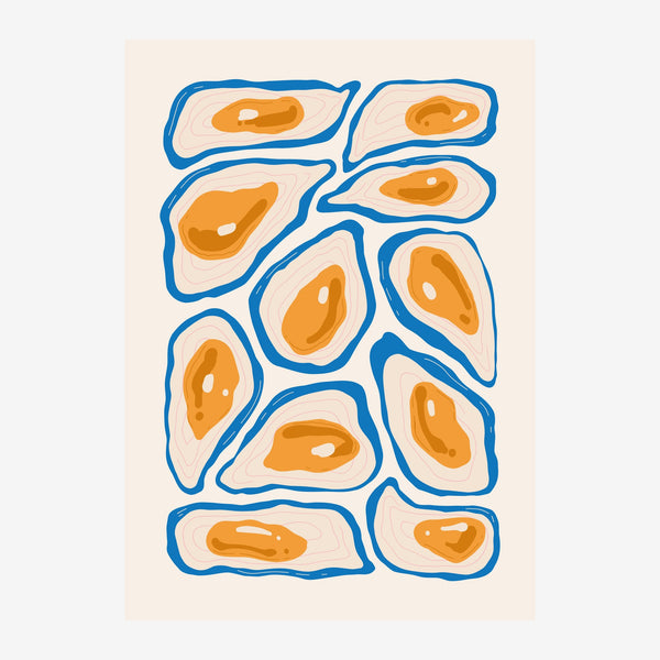 Composition géométrique abstraite avec des formes organiques délimitées par des contours bleus épais, remplies de teintes.