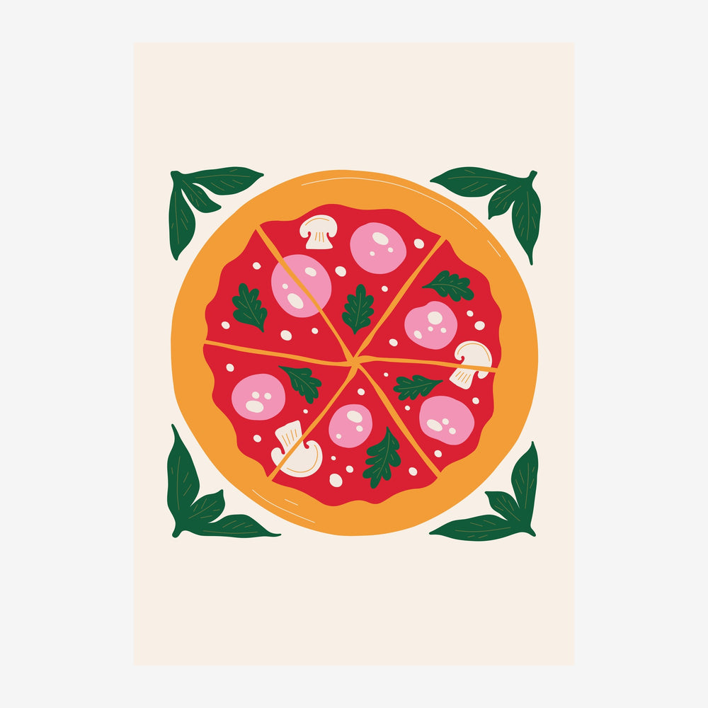 Pizza divisée en parts, garnie de mozzarella rose, jambon blanc et herbes vertes sur sauce rouge, encadrement de feuilles de.