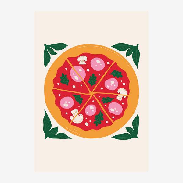 Pizza divisée en parts, garnie de mozzarella rose, jambon blanc et herbes vertes sur sauce rouge, encadrement de feuilles de.