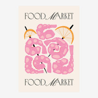 Affiche avec le texte « Food Market » répété en haut et bas, encadrant une composition abstraite de formes roses et orangées.