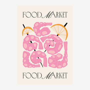 Affiche marché alimentaire rose et beige
