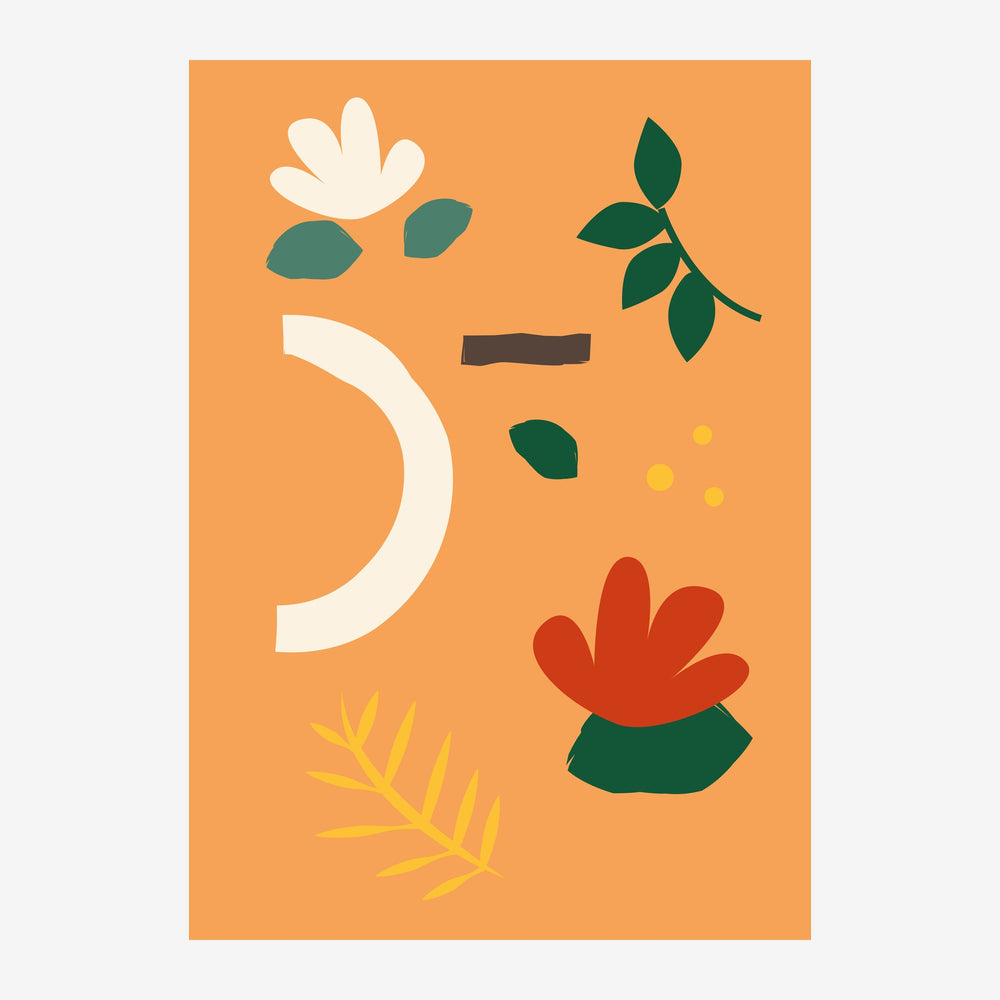 Affiche avec composition géométrique et botanique sur fond ocre : croissant blanc, fleurs stylisées en blanc crème et rouge.