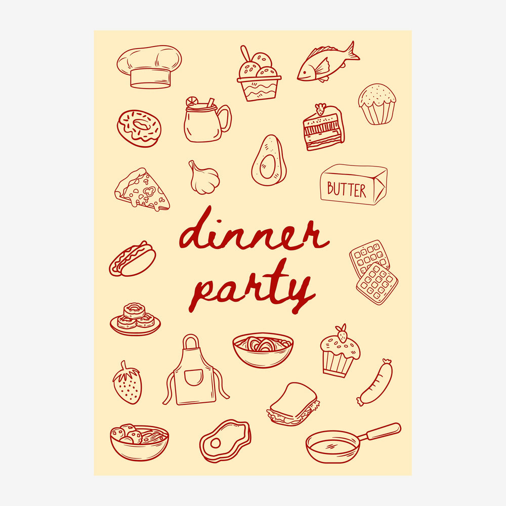 Affiche beige crème avec des illustrations en trait terracotta d'aliments et ustensiles de cuisine autour du texte « dinner.
