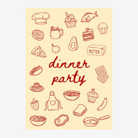 Affiche beige crème avec des illustrations en trait terracotta d'aliments et ustensiles de cuisine autour du texte « dinner.