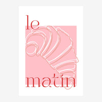 Affiche avec le texte « le matin » en rouge autour d'une illustration de mains esquissées au trait blanc sur un fond rose.