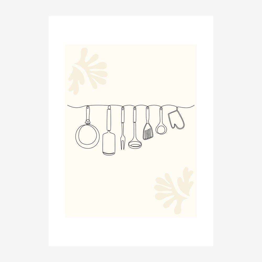 Illustration au trait fin montrant des ustensiles de cuisine suspendus à une corde : poêle, bouteille, fourchette, pinceau.