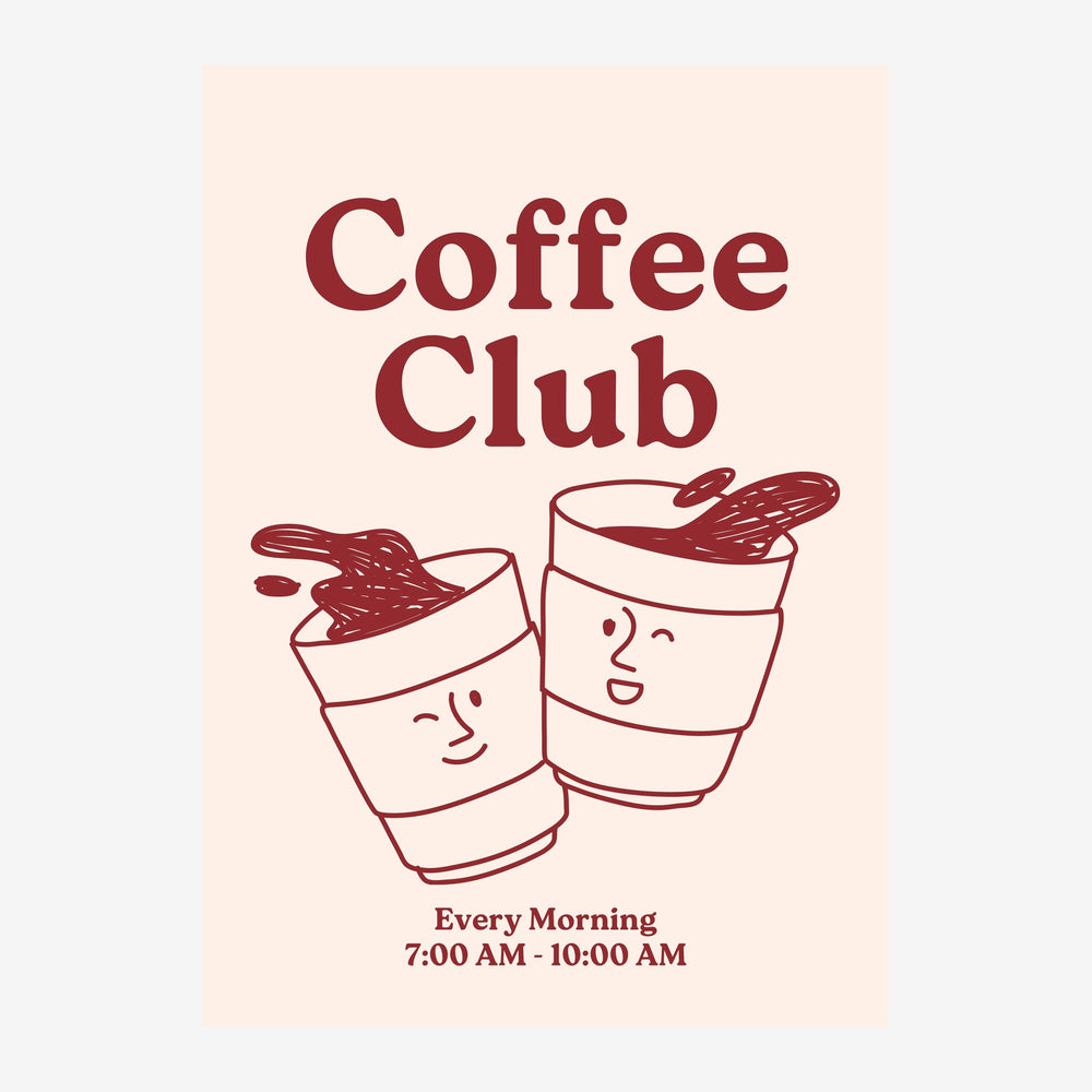 Affiche beige et bordeaux montrant deux tasses de café stylisées avec des visages souriants et le texte « Coffee Club ».