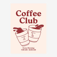 Affiche beige et bordeaux montrant deux tasses de café stylisées avec des visages souriants et le texte « Coffee Club ».